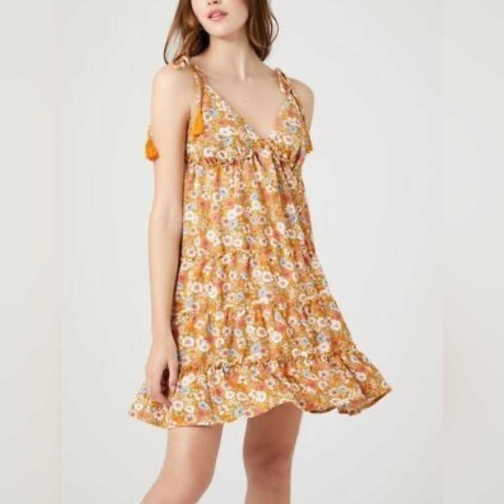Mustard Yellow Floral Boho Minimalist Spring Summer Fully Lined Dress 
Size XL